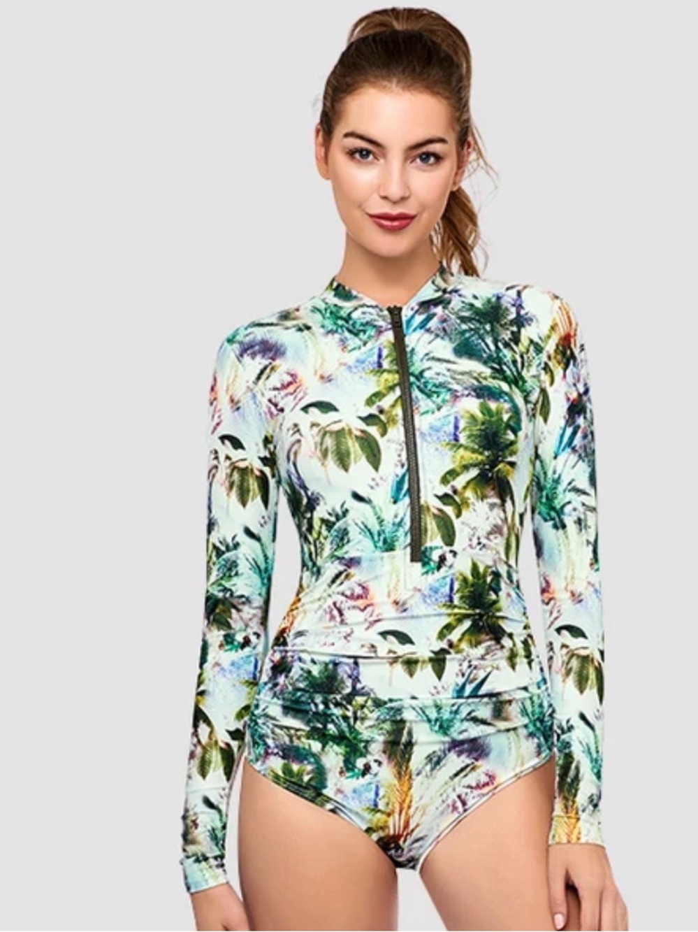 Long-Sleeve Tropical Print One-Piece Swimsuit - Multicolor